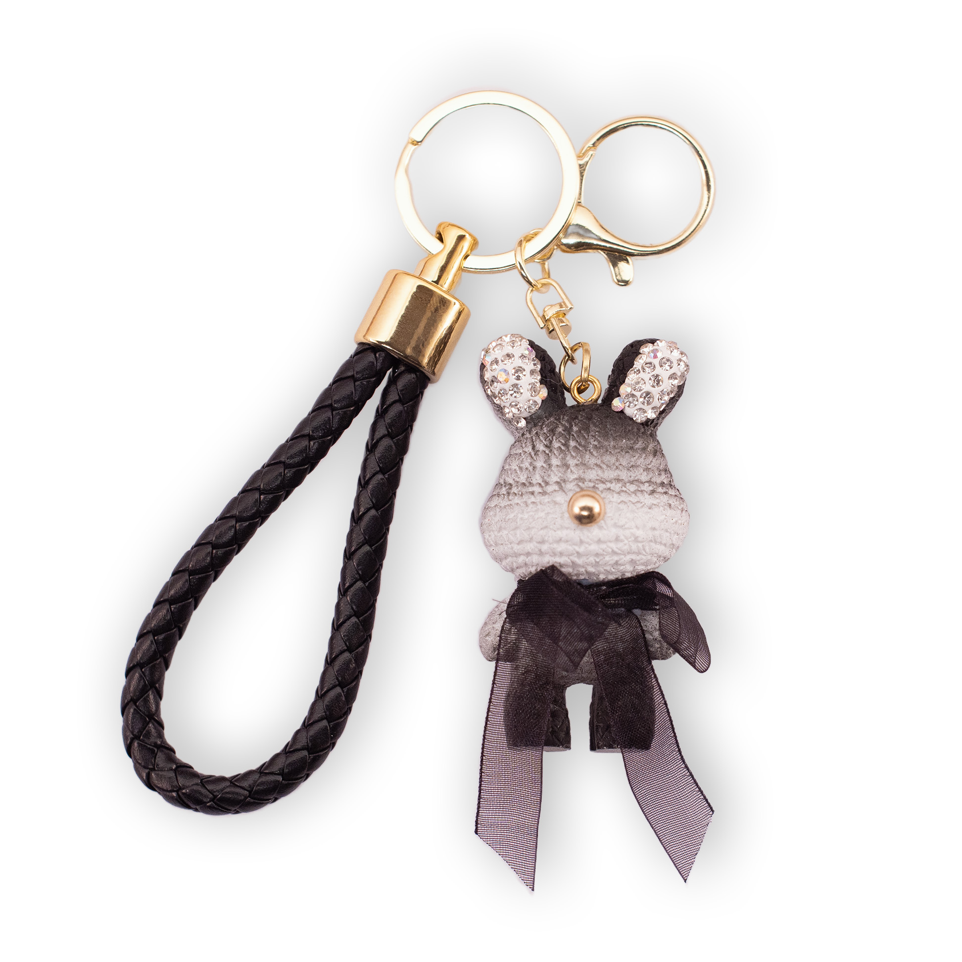 STORELUXY 2 Pack Handmade Gift Diamonte Black Solid Bunny Keychain with Gold Nose STORELUXY 2 Pack Handmade Gift Diamonte Black Solid Bunny Keychain with Gold Nose